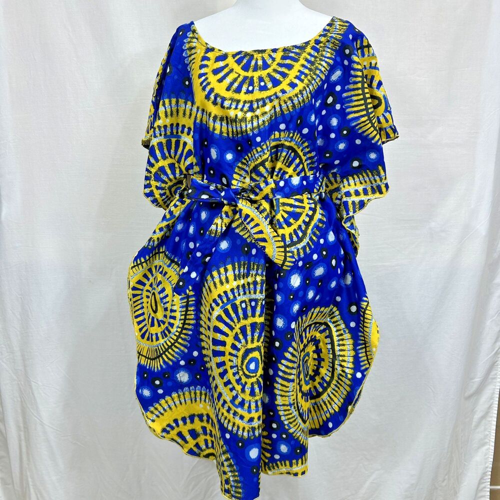 Handmade African Kaftan Kimono Dress Blue Yellow Geometric Belt Ankara Mandala